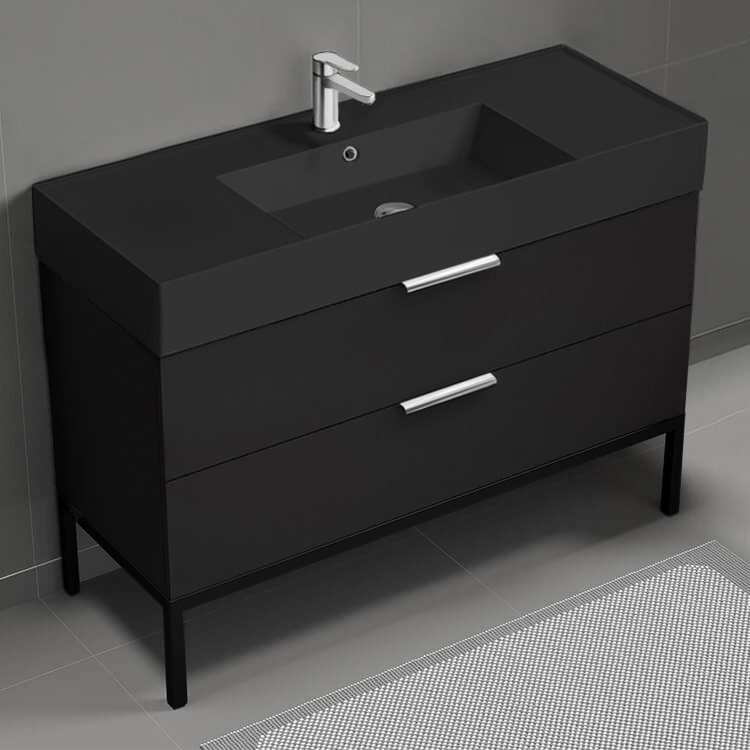 Nameeks DERIN383 48 Inch Bathroom Vanity With Black Sink, Free Standing, Matte Black